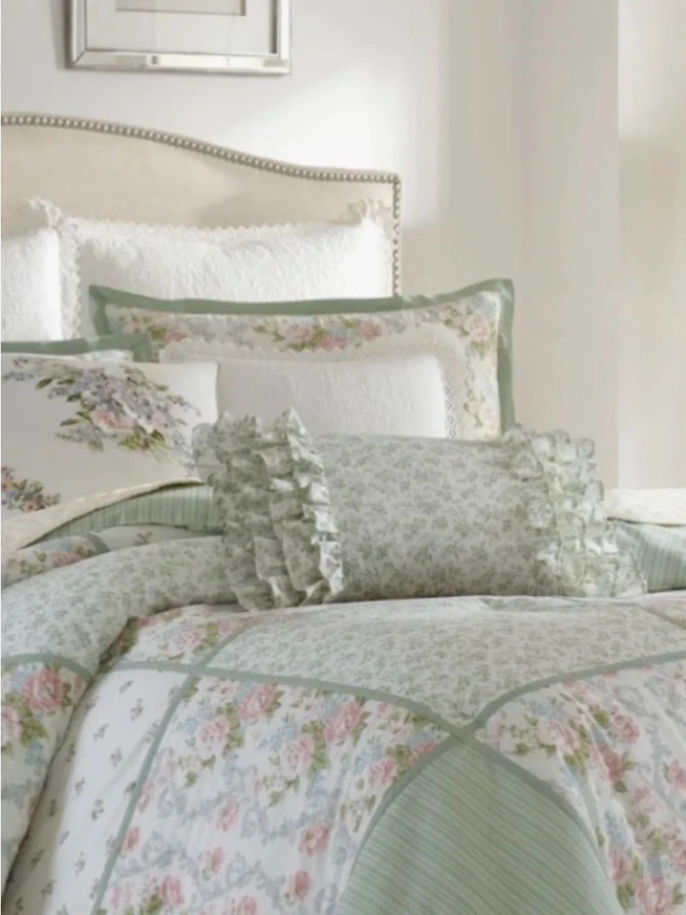 Laura Ashley Green Breakfast Floral Ruffled Boudoir Pillow ~ Charming